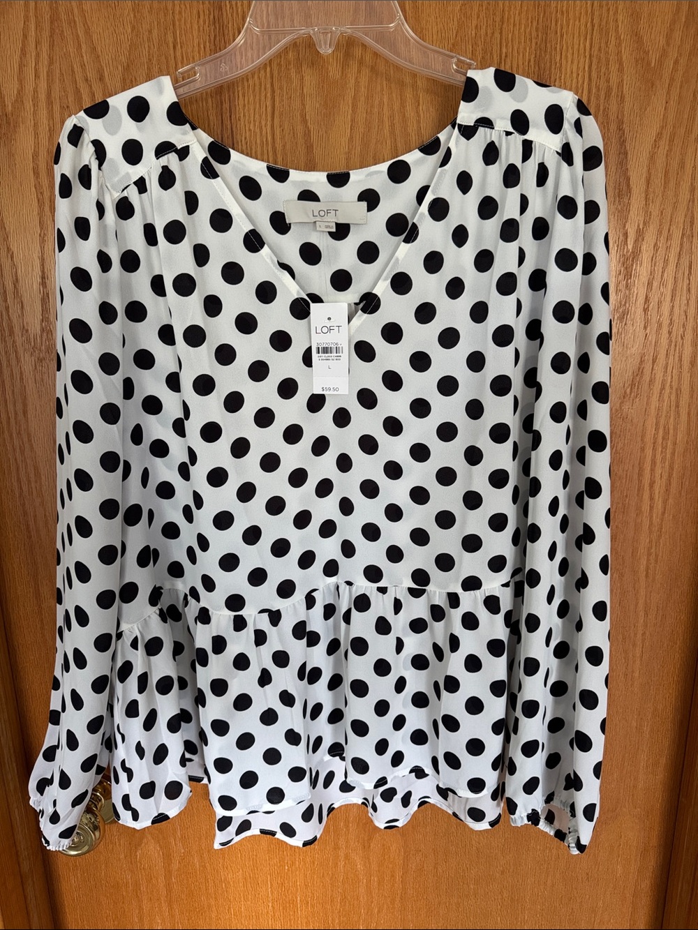 LOFT White and Black Polka Dot Peplum Blouse
